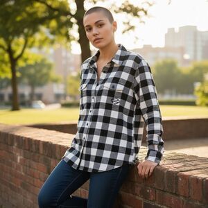 Harley Davidson Black White Buffalo Plaid Flannel Embroidered Shirt Medium